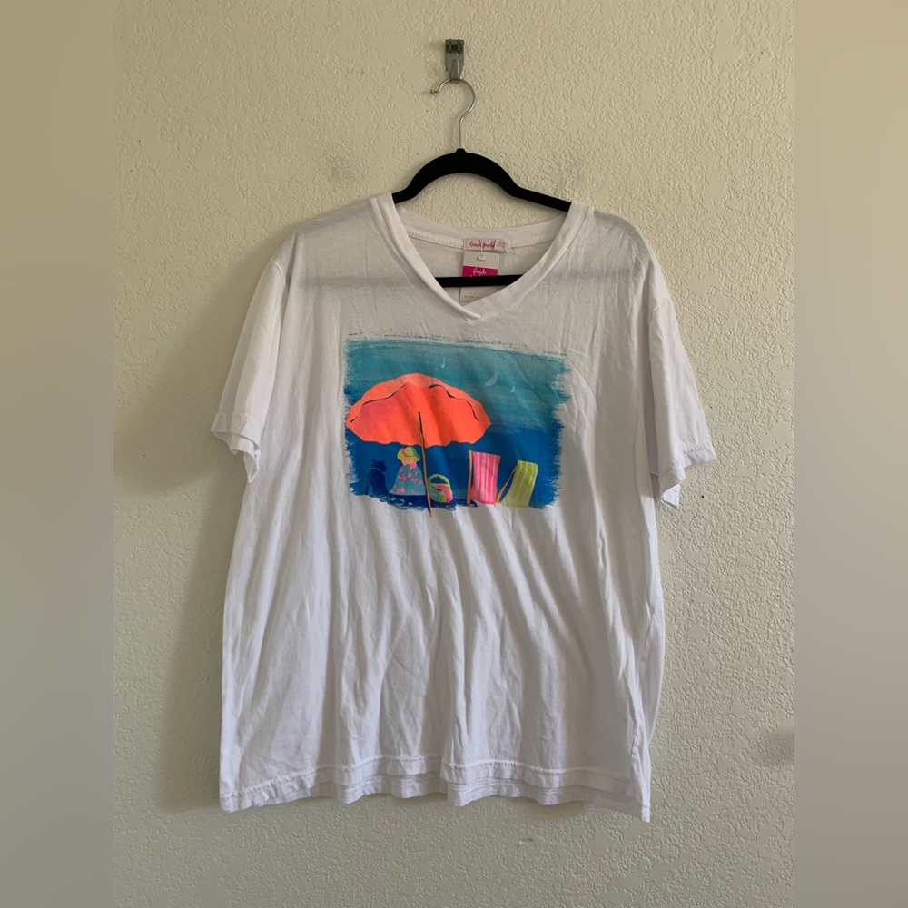 Fresh Produce White Beach Dog Sun V-Neck Tee Women’s Size Large Cotton